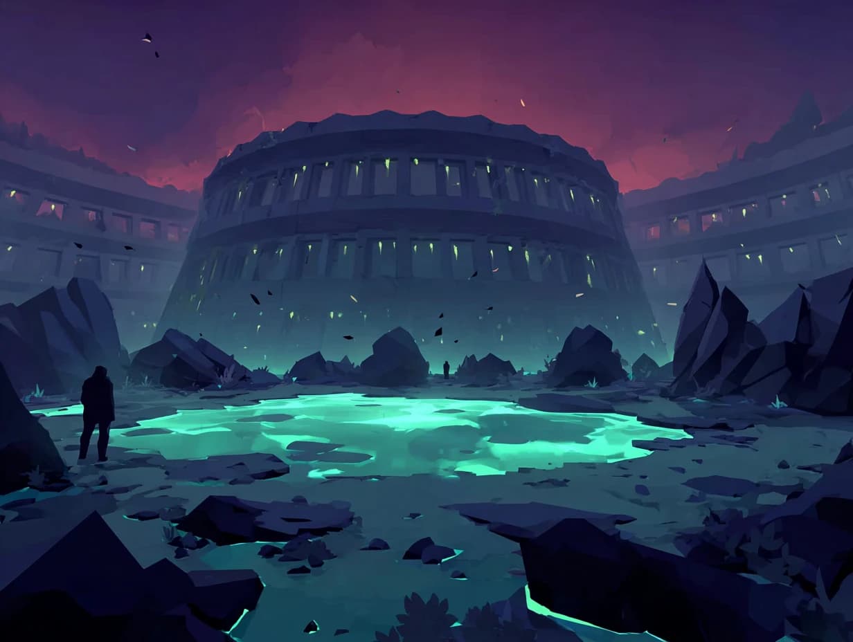 Concept art: two lone figures stand before a colossal ruined ring-shaped structure beside a glowing toxic pool at night