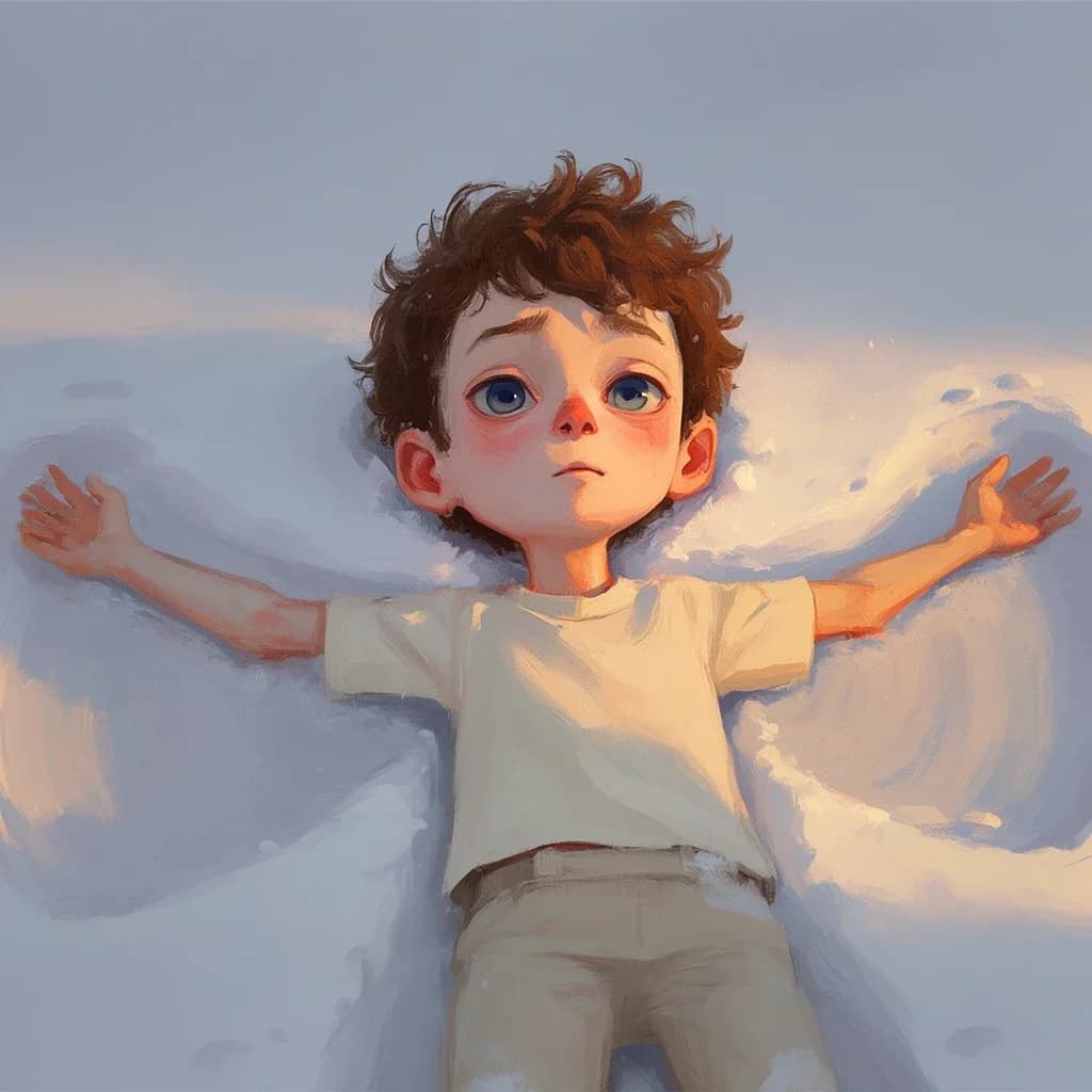 Concept art: a young boy lies on his back in the snow making a snow angel, arms outstretched, gazing skyward